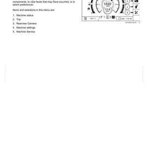 May include: A page from a manual titled "3 - CONTROLS AND INSTRUMENTS" with a "MAIN MENU" section. The menu includes options for machine status, trip, rearview camera, machine settings, and service. A digital display shows RPM, speed, and other data.