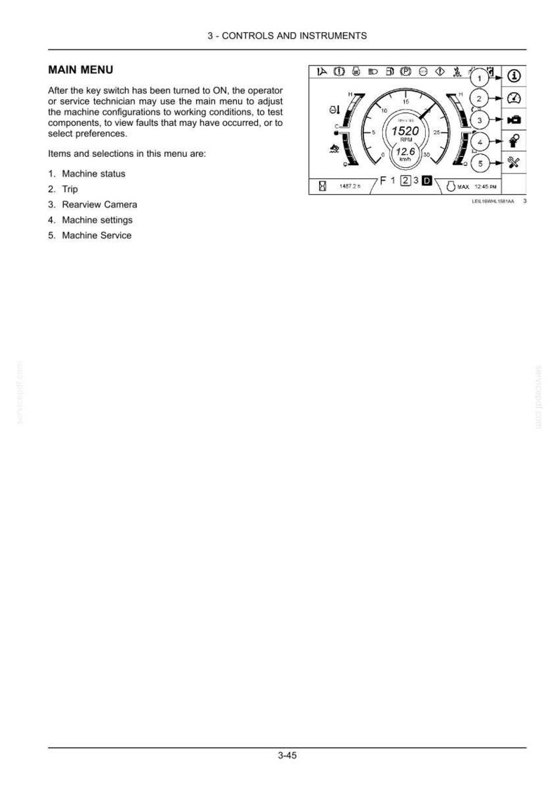 May include: A page from a manual titled "3 - CONTROLS AND INSTRUMENTS" with a "MAIN MENU" section. The menu includes options for machine status, trip, rearview camera, machine settings, and service. A digital display shows RPM, speed, and other data.