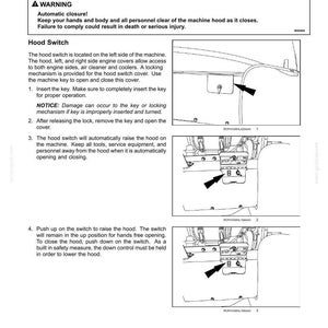 May include: Diagram of exterior controls for a machine, including a hood switch and master disconnect. Instructions detail opening and closing the hood, with warnings about automatic closure and safety precautions. Includes diagrams and text.
