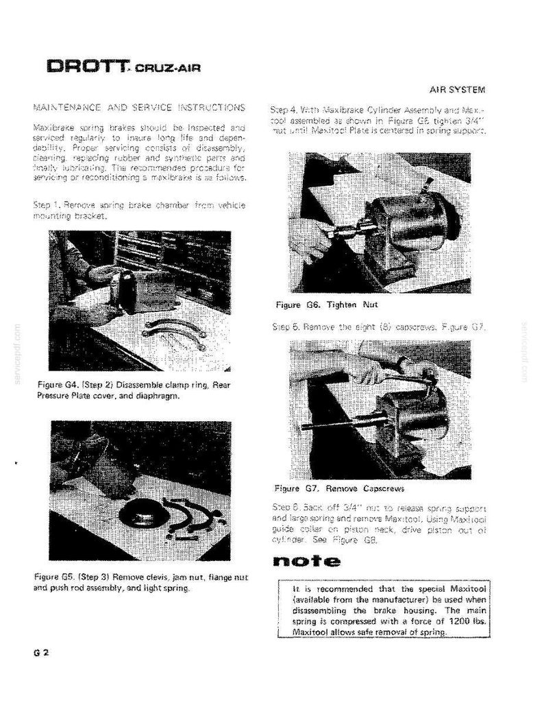 May include: A black and white technical manual page with the title "DROTT. CRUZ-AIR". The page includes maintenance instructions, diagrams, and text detailing procedures for servicing Maxibrake spring brakes. The manual features illustrations of tools and components.