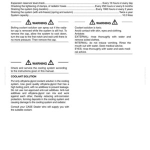May include: A page from a manual detailing the cooling system for a CX75SR, CX75SR-LR, and CX80. Includes service specifications, warnings about coolant toxicity, and instructions for coolant solution.