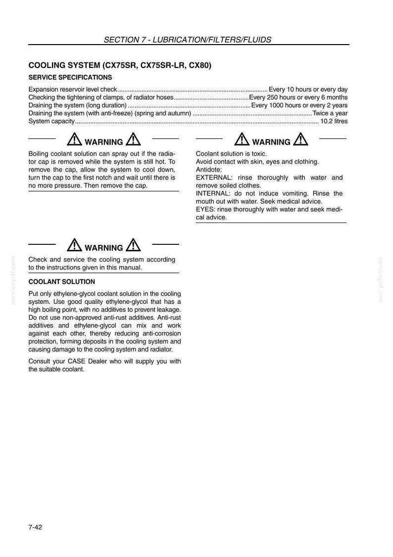 May include: A page from a manual detailing the cooling system for a CX75SR, CX75SR-LR, and CX80. Includes service specifications, warnings about coolant toxicity, and instructions for coolant solution.