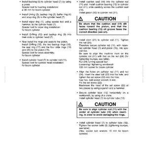 May include: A service manual page for an EC 270 model, featuring detailed instructions for assembling a boom cylinder. The text includes diagrams and safety cautions, with measurements in millimeters and a reference number at the bottom.