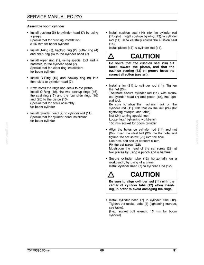 May include: A service manual page for an EC 270 model, featuring detailed instructions for assembling a boom cylinder. The text includes diagrams and safety cautions, with measurements in millimeters and a reference number at the bottom.