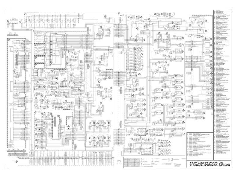 May include: A detailed black and white electrical schematic for CX700 and CX800 EU excavators. The diagram is densely packed with lines, symbols, and text, including a legend on the right side. The title at the bottom reads "ELECTRICAL SCHEMATIC - 9-93930EN."