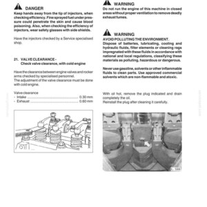 May include: Page from a manual with engine maintenance instructions. Includes warnings about fuel injectors, valve clearance, and oil changes. Diagrams show engine components and measurements in millimeters.