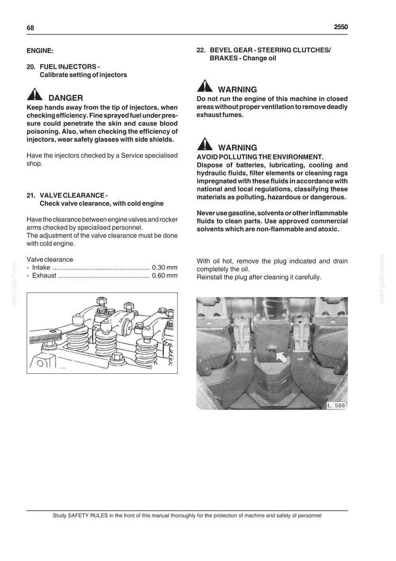 May include: Page from a manual with engine maintenance instructions. Includes warnings about fuel injectors, valve clearance, and oil changes. Diagrams show engine components and measurements in millimeters.