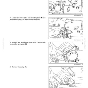 Op de afbeelding: Diagram van het hoofdliftsysteem van een hydraulisch systeem, met genummerde componenten en instructies. Bevat close-upweergaven van connectoren, bouten, stangen en veerkap. Tekst bevat stappen voor het losmaken en verwijderen van onderdelen.