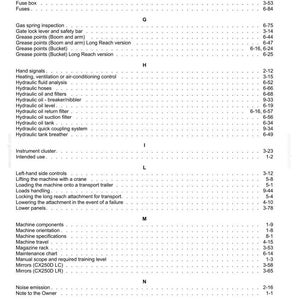 Puede incluir: P&aacute;gina en blanco y negro de un manual, que enumera varios componentes y funciones de una m&aacute;quina. El texto incluye t&eacute;rminos como "Aceite hidr&aacute;ulico", "Especificaciones de la m&aacute;quina" y "Asiento del operador".