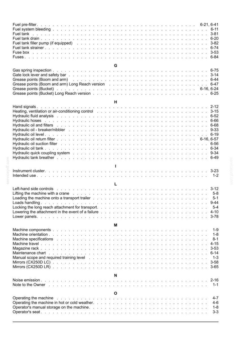 Puede incluir: P&aacute;gina en blanco y negro de un manual, que enumera varios componentes y funciones de una m&aacute;quina. El texto incluye t&eacute;rminos como "Aceite hidr&aacute;ulico", "Especificaciones de la m&aacute;quina" y "Asiento del operador".