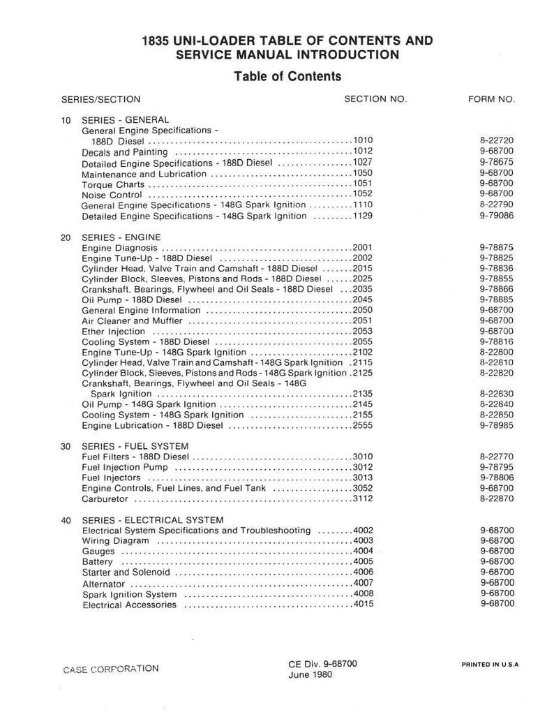 May include: A printed table of contents from a 1980 Case Corporation service manual for the 1835 Uni-Loader. The document lists sections on engines, fuel systems, and electrical systems, with corresponding section and form numbers.