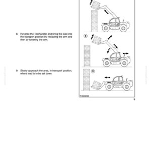 May include: Diagram illustrating the operation of a telehandler, a type of construction vehicle. The sequence shows the vehicle lifting, transporting, and setting down a load of stacked boxes. The text reads "SECTION 3 - FIELD OPERATION."