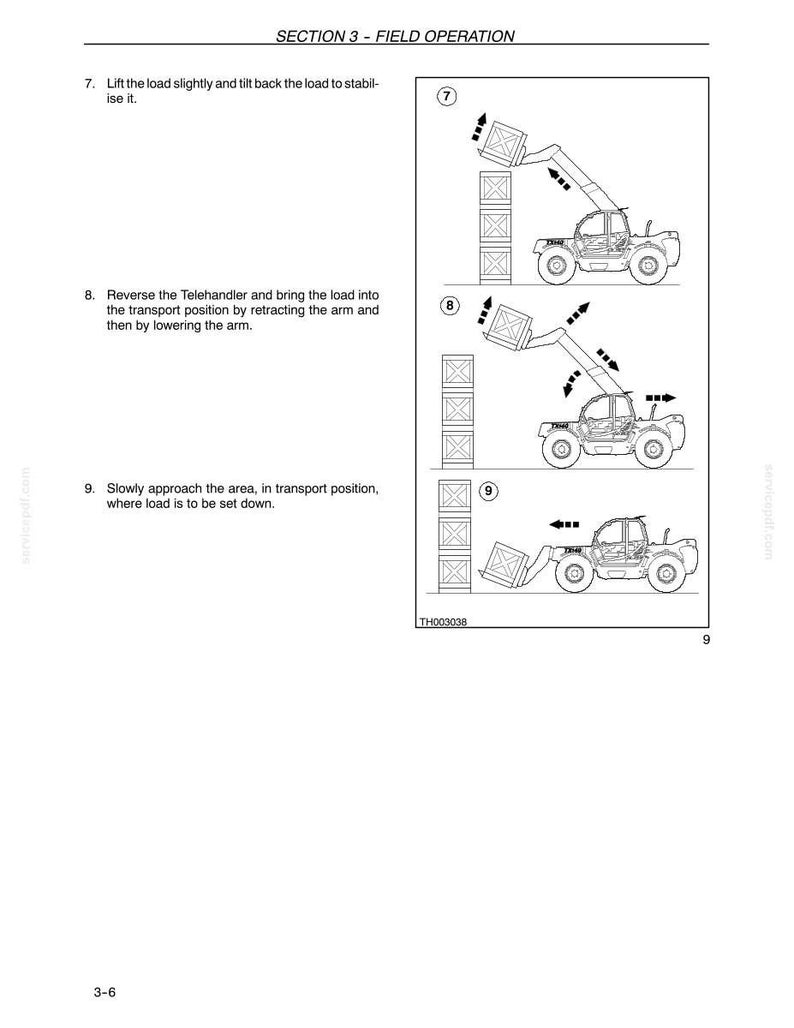 May include: Diagram illustrating the operation of a telehandler, a type of construction vehicle. The sequence shows the vehicle lifting, transporting, and setting down a load of stacked boxes. The text reads "SECTION 3 - FIELD OPERATION."