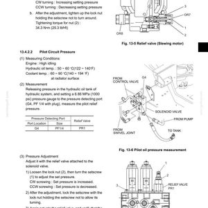 May include: A technical manual page titled 13. MAINTENANCE STANDARDS AND TEST PROCEDURES, featuring diagrams of a slewing motor relief valve, pilot oil pressure measurement, and a relief valve, with text instructions for pressure adjustment and torque.