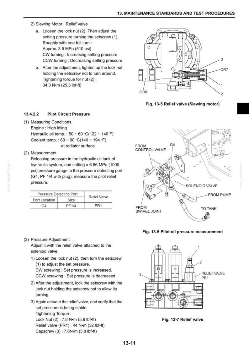 May include: A technical manual page titled 13. MAINTENANCE STANDARDS AND TEST PROCEDURES, featuring diagrams of a slewing motor relief valve, pilot oil pressure measurement, and a relief valve, with text instructions for pressure adjustment and torque.