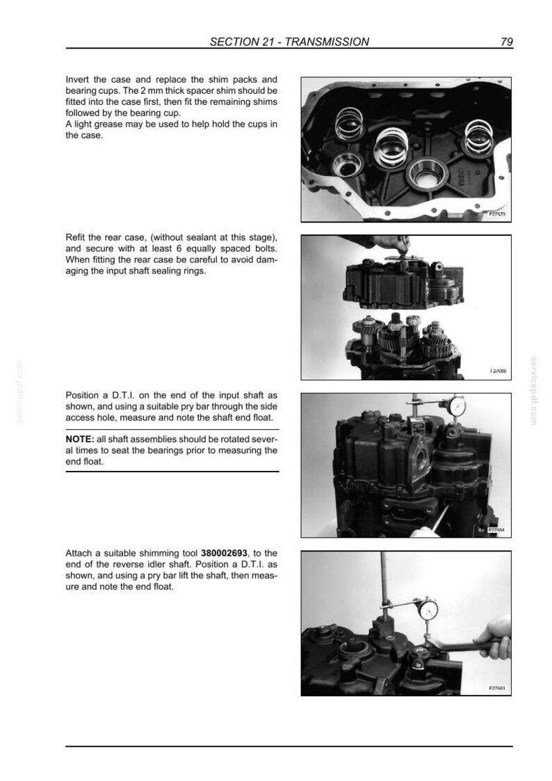 May include: Page from a technical manual showing automotive transmission components. The images illustrate steps for assembly and measurement, including the use of tools and gauges. Text includes instructions and part numbers.