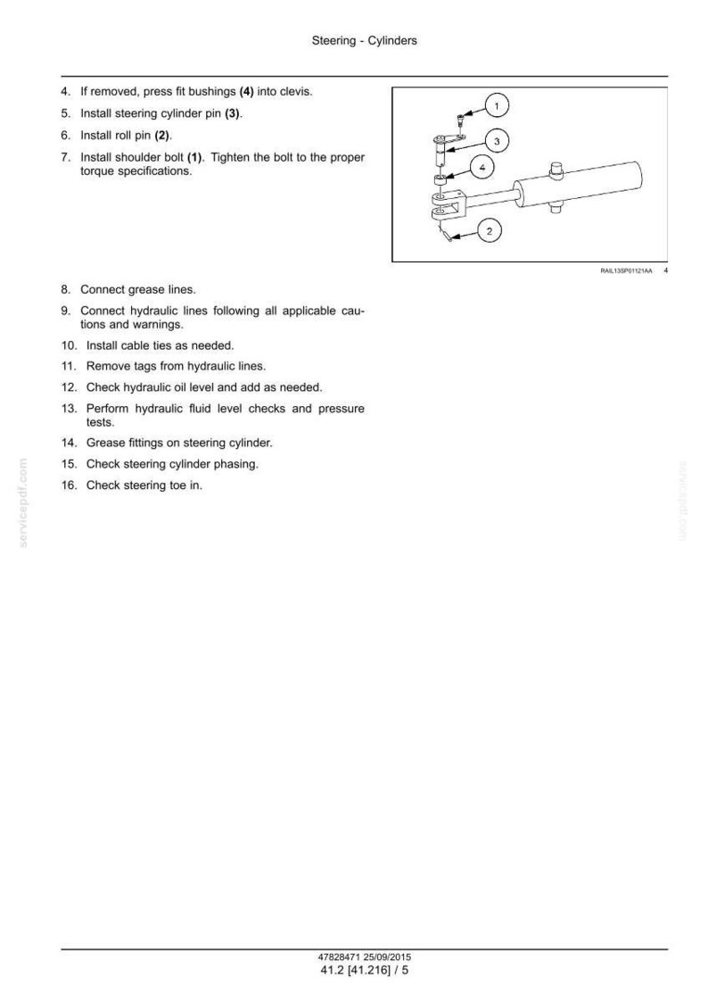 Peut inclure: Sch&eacute;ma d'un ensemble de v&eacute;rin de direction avec des composants num&eacute;rot&eacute;s et des instructions. L'image comprend une illustration d&eacute;taill&eacute;e du cylindre, des goupilles et des boulons, ainsi qu'une liste des &eacute;tapes d'installation et de maintenance.