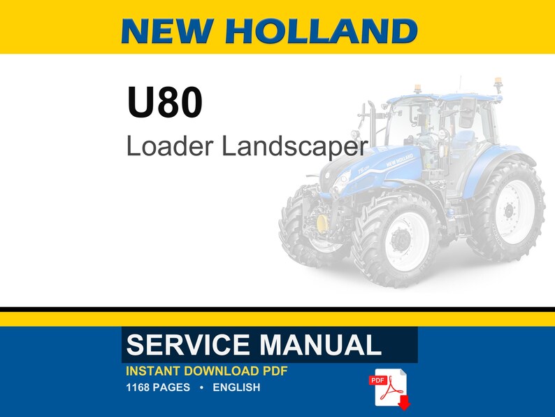 Op de afbeelding: Een servicehandleiding voor een New Holland U80 Loader Landscaper. De afbeelding toont een blauw-witte tractor aan de rechterkant. De tekst "NEW HOLLAND" staat bovenaan, met daaronder "U80 Loader Landscaper". De onderste banner luidt "SERVICE MANUAL".