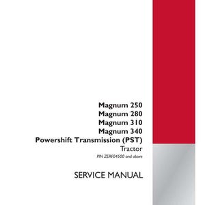 May include: A white service manual with red accents. The cover features the text "Magnum 250, 280, 310, 340, Powershift Transmission (PST) Tractor, SERVICE MANUAL." The Case IH Agriculture logo is in the bottom right.