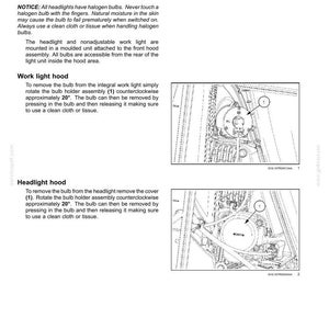 May include: A technical manual page titled 7-MAINTENANCE detailing bulb replacement for headlights and hood mounted work lights. It includes black and white line drawings of light assemblies with numbered components and instructional text.