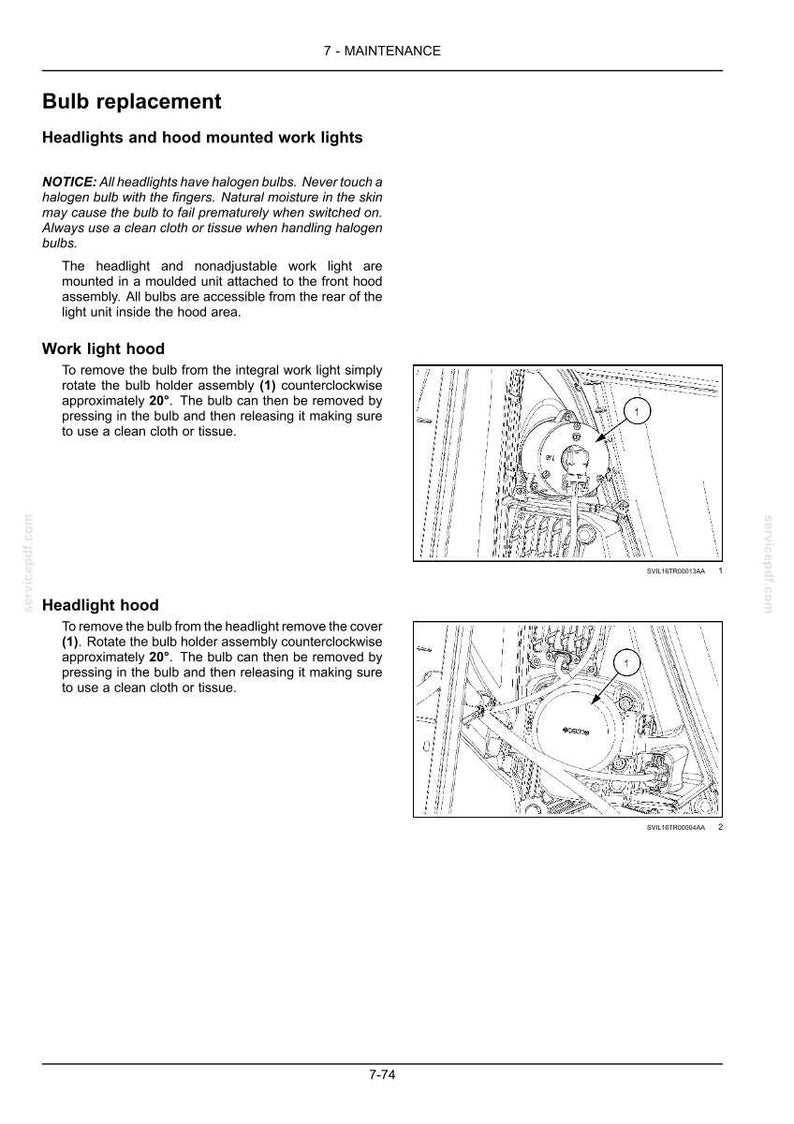 May include: A technical manual page titled 7-MAINTENANCE detailing bulb replacement for headlights and hood mounted work lights. It includes black and white line drawings of light assemblies with numbered components and instructional text.