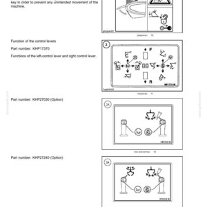 May include: A technical document page titled 2-SAFETY INFORMATION featuring black and white diagrams for parking a machine and operating control levers. It includes part numbers KHP17370, KHP27030, and KHP27240 with instructional icons for machinery.
