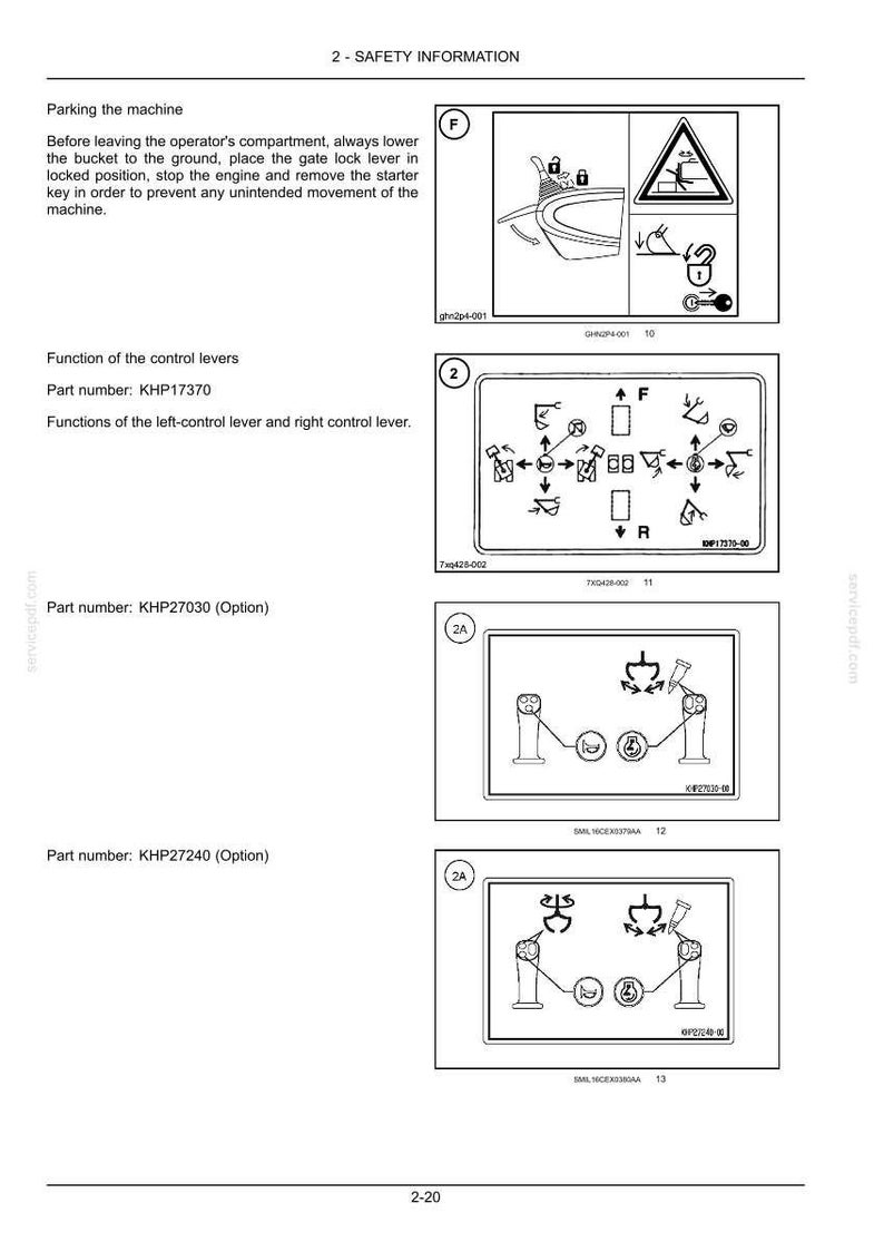 May include: A technical document page titled 2-SAFETY INFORMATION featuring black and white diagrams for parking a machine and operating control levers. It includes part numbers KHP17370, KHP27030, and KHP27240 with instructional icons for machinery.