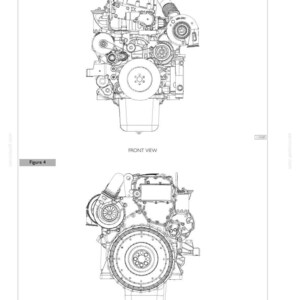 Pu&ograve; includere: Un disegno tecnico a linee che mostra le viste anteriore e posteriore di un motore a combustione interna. La figura 3 mostra la vista anteriore con una puleggia centrale e un turbocompressore, mentre la figura 4 mostra la vista posteriore con un volano.