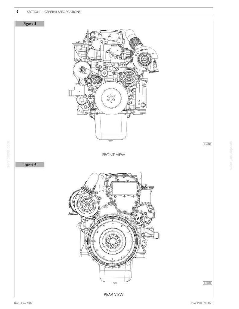Pu&ograve; includere: Un disegno tecnico a linee che mostra le viste anteriore e posteriore di un motore a combustione interna. La figura 3 mostra la vista anteriore con una puleggia centrale e un turbocompressore, mentre la figura 4 mostra la vista posteriore con un volano.