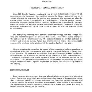 May include: A page from a manual titled "ELECTRICAL SYSTEM" with text detailing the electrical components of a Case 420 Crawler Tractor. Includes sections on general information, electrical circuits, and generator output.