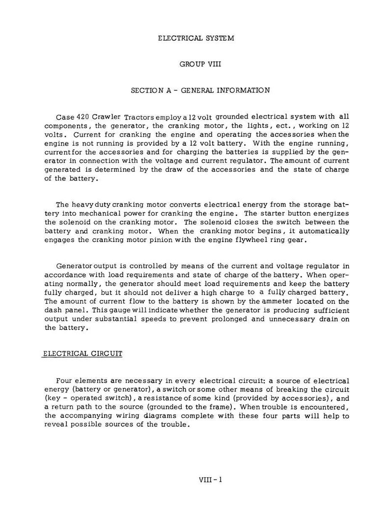 May include: A page from a manual titled "ELECTRICAL SYSTEM" with text detailing the electrical components of a Case 420 Crawler Tractor. Includes sections on general information, electrical circuits, and generator output.