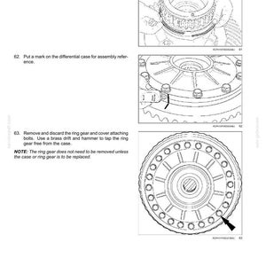 May include: Diagram of a front axle system, front bevel gear set, and differential. Instructions include removing a seal ring, marking the differential case, and removing the ring gear. Includes technical illustrations and text.