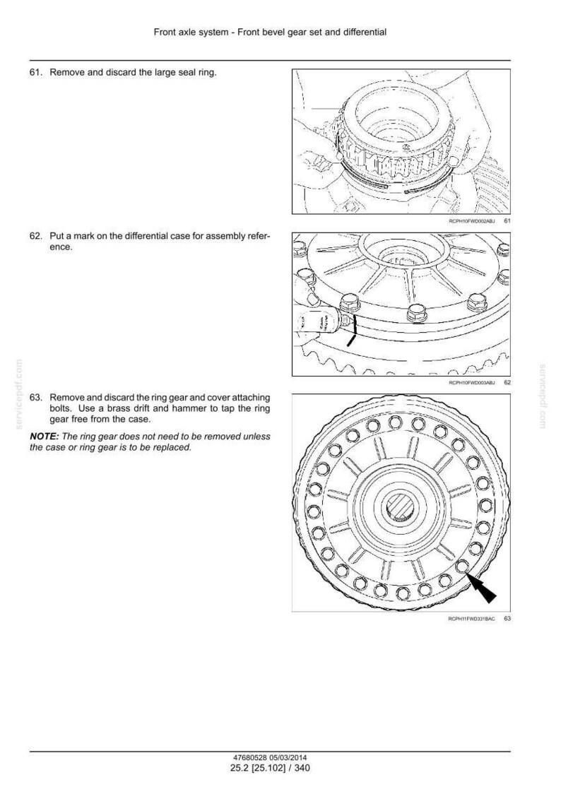 May include: Diagram of a front axle system, front bevel gear set, and differential. Instructions include removing a seal ring, marking the differential case, and removing the ring gear. Includes technical illustrations and text.