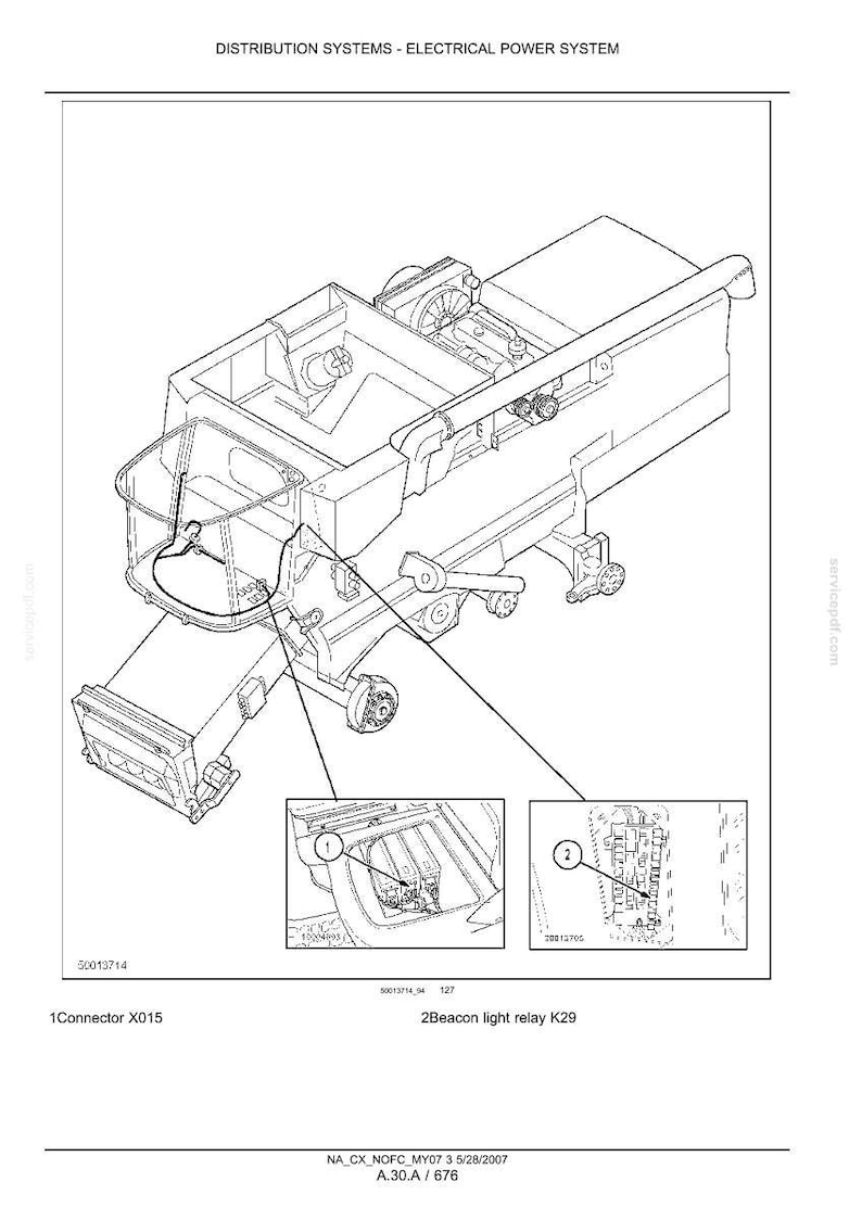 Puede incluir: Un dibujo t&eacute;cnico titulado DISTRIBUTION SYSTEMS - ELECTRICAL POWER SYSTEM que muestra el chasis de un veh&iacute;culo con dos recuadros. El recuadro 1 se&ntilde;ala Connector X015 y el 2 Beacon light relay K29, con el texto NA_CX_NOFC_MY07 3 5/28/2007 A.30.A / 676.