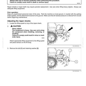 May include: A page from a maintenance manual detailing the ripper shanks and teeth of a machine. The text includes warnings about flying objects and heavy components, along with instructions for adjusting the ripper shanks.