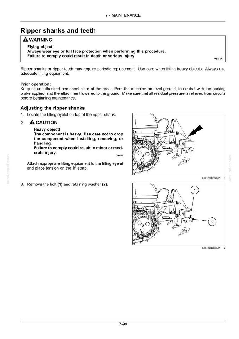 May include: A page from a maintenance manual detailing the ripper shanks and teeth of a machine. The text includes warnings about flying objects and heavy components, along with instructions for adjusting the ripper shanks.