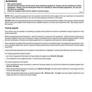 May include: A technical document page titled 6-WORKING OPERATIONS, DRAWBARS AND TOWING ATTACHMENTS. It includes a warning box regarding rear upset hazards, safety rules for tractor towing, and specific speed limits for equipment with or without brakes.
