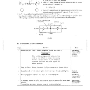 Puede incluir: Una p&aacute;gina de documento t&eacute;cnico titulada 8.3 Disassembly and Assembly, que presenta un diagrama esquem&aacute;tico de una v&aacute;lvula de orificio de restricci&oacute;n variable con puertos A1, A2 y P, junto a una tabla que detalla procedimientos, herramientas y pares en kgf-m.