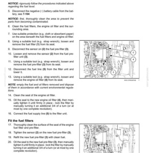 May include: A technical maintenance manual page titled 7-MAINTENANCE, featuring numbered instructions for replacing fuel and oil filters. It includes two black and white line drawings of engine components labeled with numbers 1 through 5.