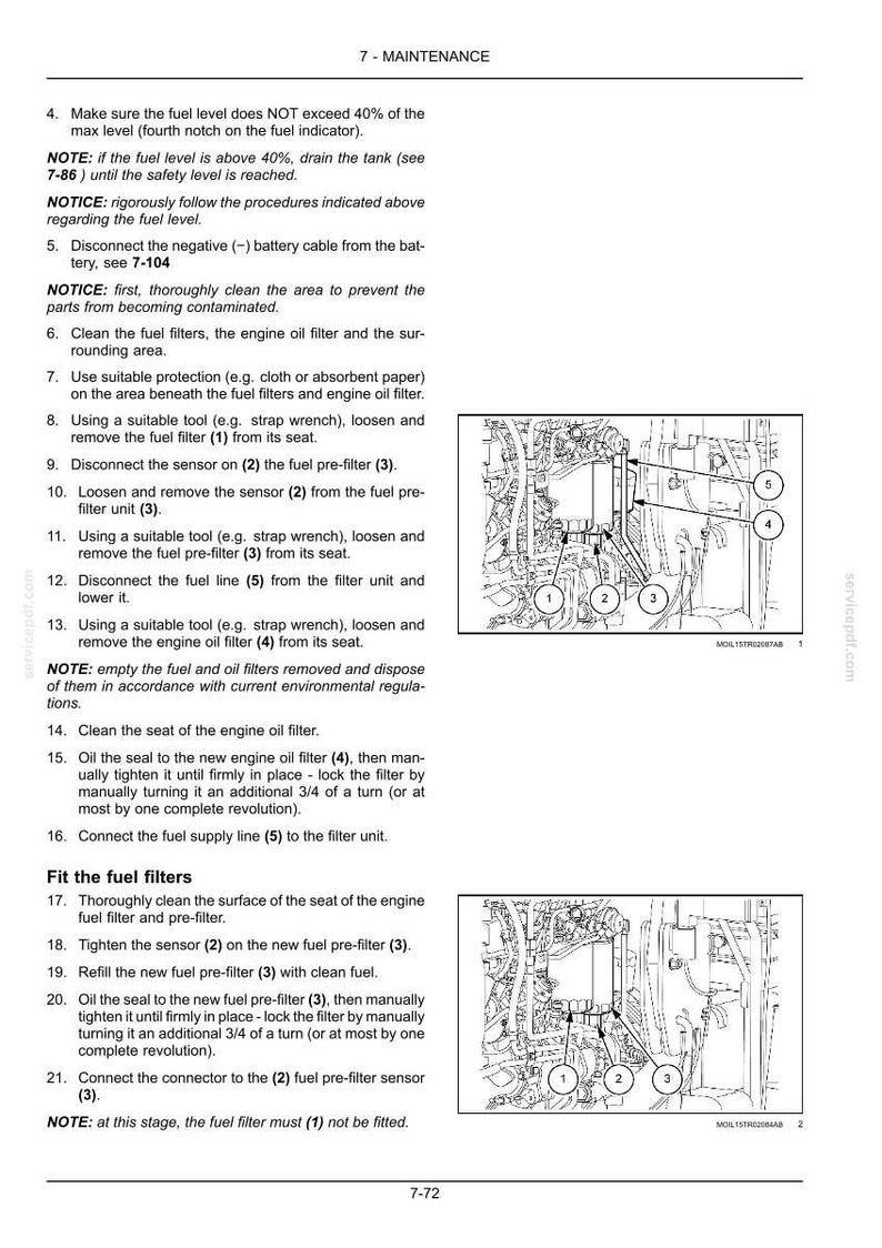May include: A technical maintenance manual page titled 7-MAINTENANCE, featuring numbered instructions for replacing fuel and oil filters. It includes two black and white line drawings of engine components labeled with numbers 1 through 5.