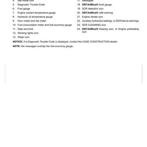 May include: A white page with a list of controls and instruments, including icons for work mode, travel mode, and fuel gauge. The text includes warnings and notes about the system.