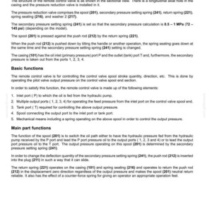 May include: Diagram of a hydraulic hand control system, detailing its structure and functions. Includes components like the spool (201), springs, and ports. Text explains the system's operation and pressure regulation in the sectional view.