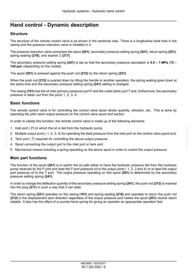 May include: Diagram of a hydraulic hand control system, detailing its structure and functions. Includes components like the spool (201), springs, and ports. Text explains the system's operation and pressure regulation in the sectional view.