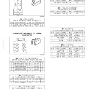 May include: Diagram of electrical connectors and wiring schematics, including a cigar lighter, 24V to 12V power converter, diagnostic ports, and battery disconnect. Includes part numbers and circuit references.