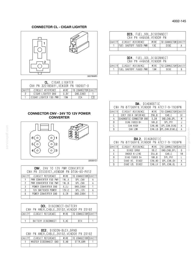 May include: Diagram of electrical connectors and wiring schematics, including a cigar lighter, 24V to 12V power converter, diagnostic ports, and battery disconnect. Includes part numbers and circuit references.
