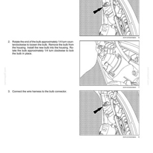 May include: A technical manual page titled 7-MAINTENANCE Halogen work lamps. It features three numbered steps with text instructions and two black and white line drawings showing a harness connector and a bulb housing with arrows indicating movement.