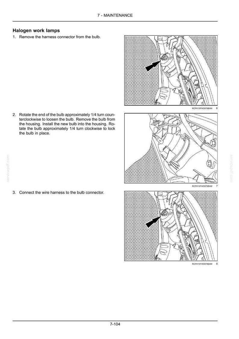 May include: A technical manual page titled 7-MAINTENANCE Halogen work lamps. It features three numbered steps with text instructions and two black and white line drawings showing a harness connector and a bulb housing with arrows indicating movement.