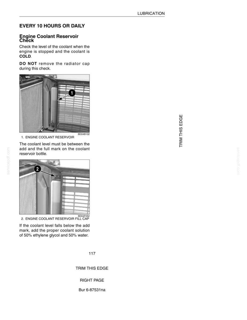 May include: A page from a manual detailing engine coolant reservoir checks. The text includes instructions to check the coolant level when the engine is cold, and not to remove the radiator cap. Diagrams show the reservoir and fill cap.