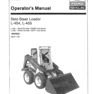 K&ouml;nnte beinhalten: Gedrucktes Bedienungshandbuch f&uuml;r einen New Holland Kompaktlader, Modelle L-454 und L-455. Das Cover zeigt die Logos von New Holland und Ford. Das Handbuch enth&auml;lt Seriennummerninformationen und Ausgabedetails.
