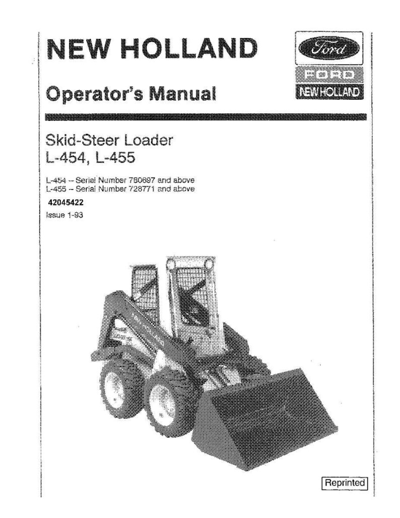 K&ouml;nnte beinhalten: Gedrucktes Bedienungshandbuch f&uuml;r einen New Holland Kompaktlader, Modelle L-454 und L-455. Das Cover zeigt die Logos von New Holland und Ford. Das Handbuch enth&auml;lt Seriennummerninformationen und Ausgabedetails.